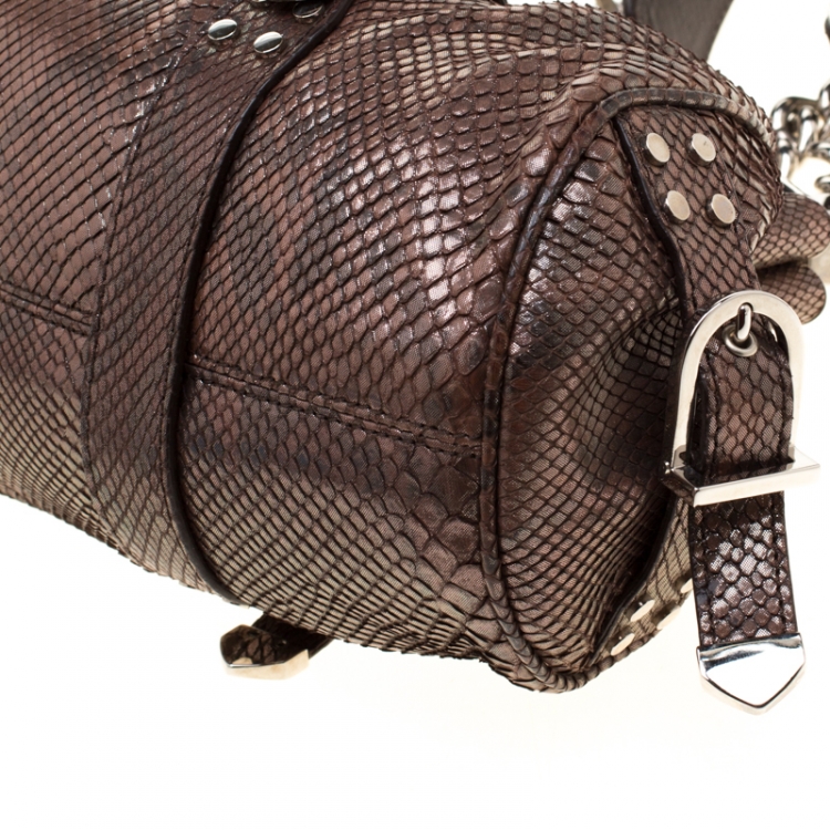 Pre Owned Versace Brown Snake Embossed Leather Madonna Boston Bag