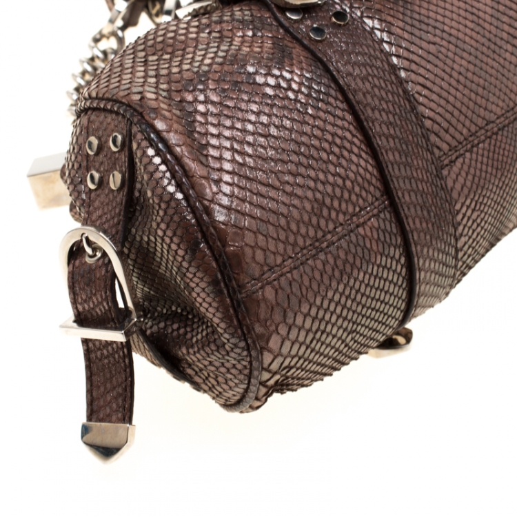 Pre Owned Versace Brown Snake Embossed Leather Madonna Boston Bag