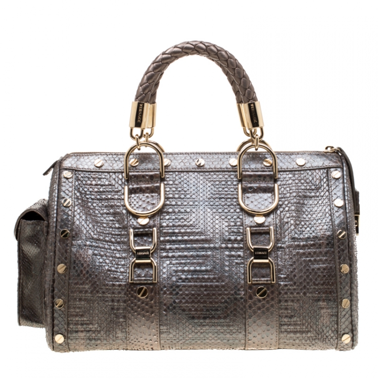 Pre Owned Versace Grey Quilted Python Snap Out Of It Satchel