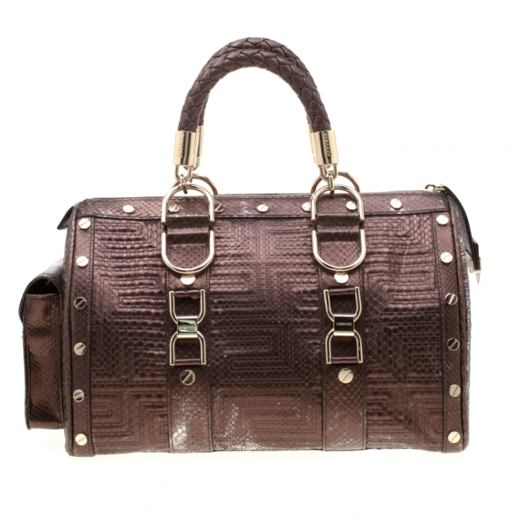 Pre Owned Versace Bronze Snakeskin Embossed Leather Couture Boston Bag