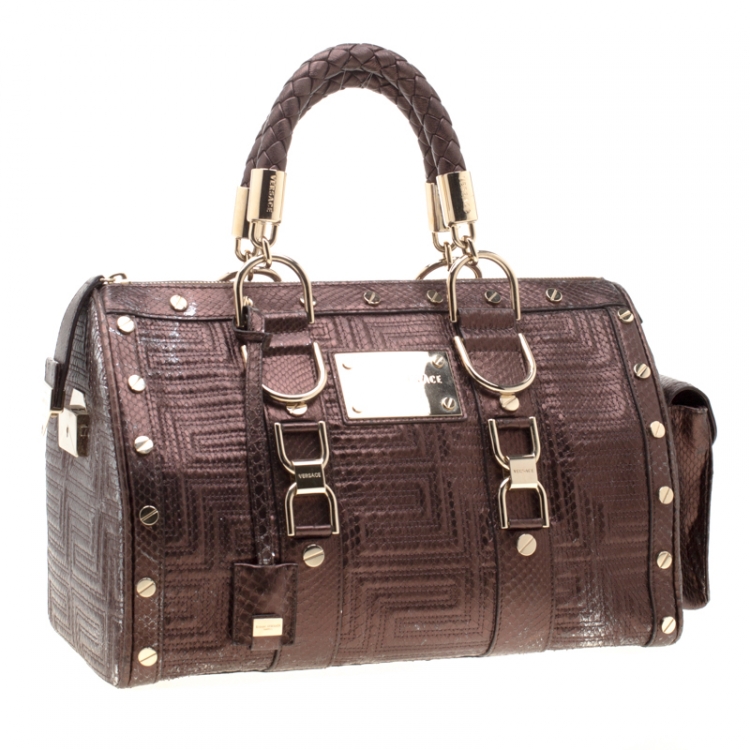 Pre Owned Versace Bronze Snakeskin Embossed Leather Couture Boston Bag