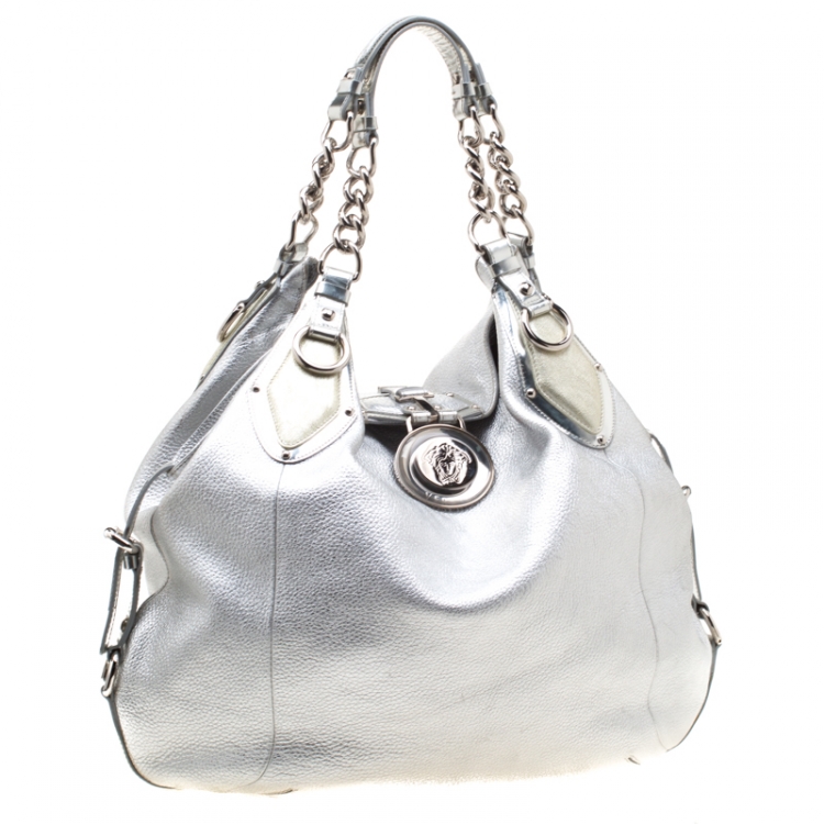 Pre Owned Versace Silver Leather Hobo