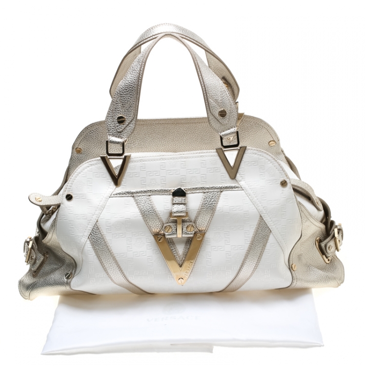 Pre Owned Versace White/Light Gold Canvas and Leather Satchel 