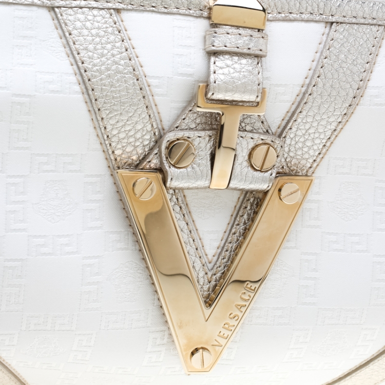 Pre Owned Versace White/Light Gold Canvas and Leather Satchel 