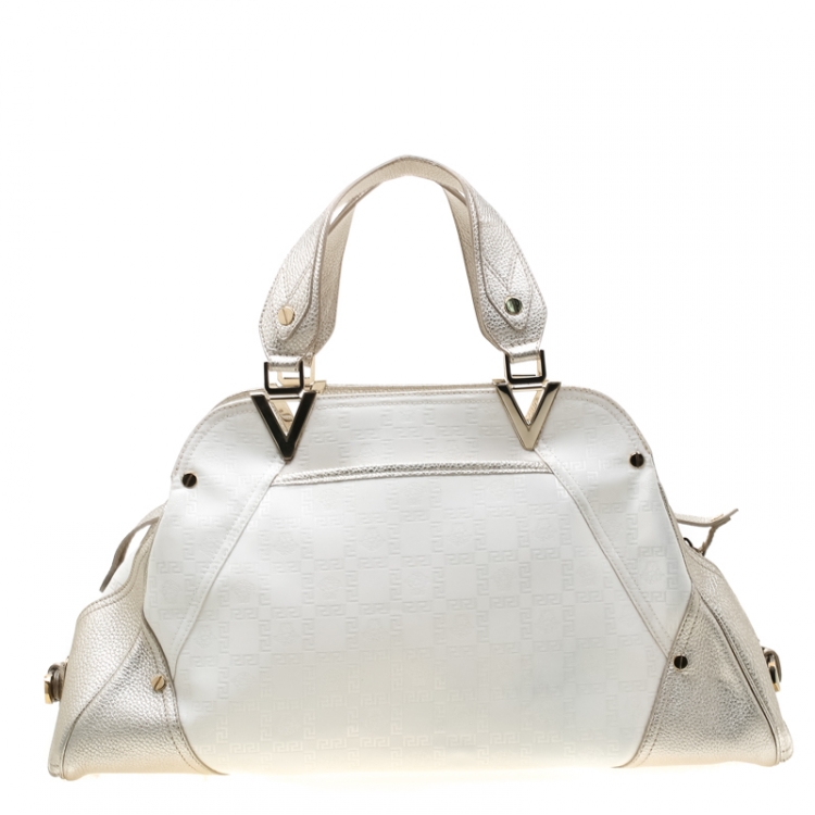 Pre Owned Versace White/Light Gold Canvas and Leather Satchel 