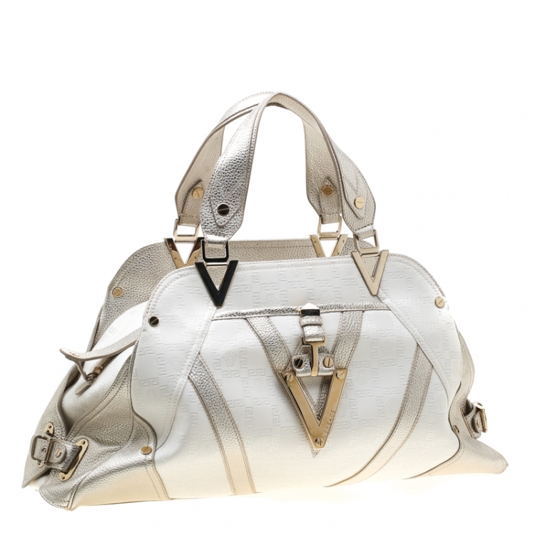 Pre Owned Versace White/Light Gold Canvas and Leather Satchel 