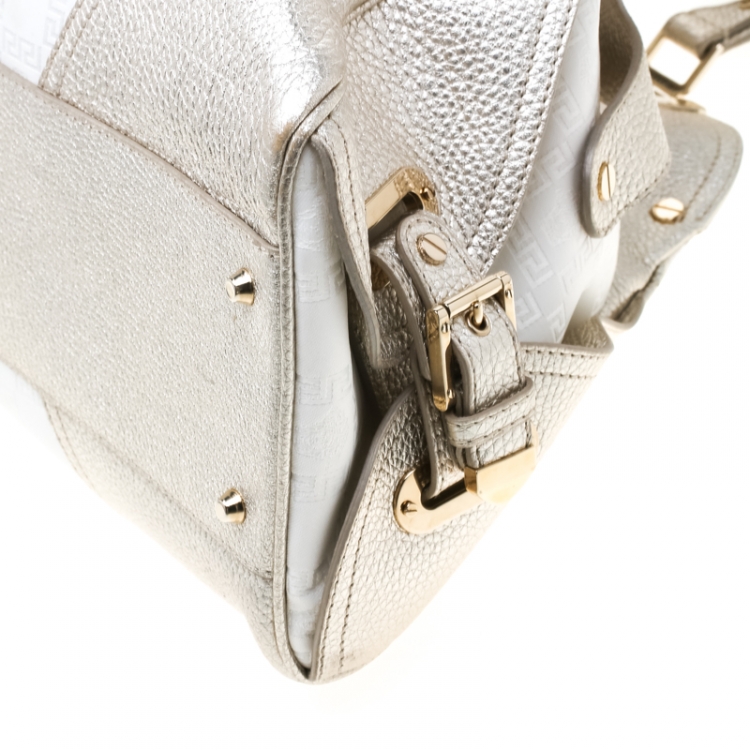 Pre Owned Versace White/Light Gold Canvas and Leather Satchel 