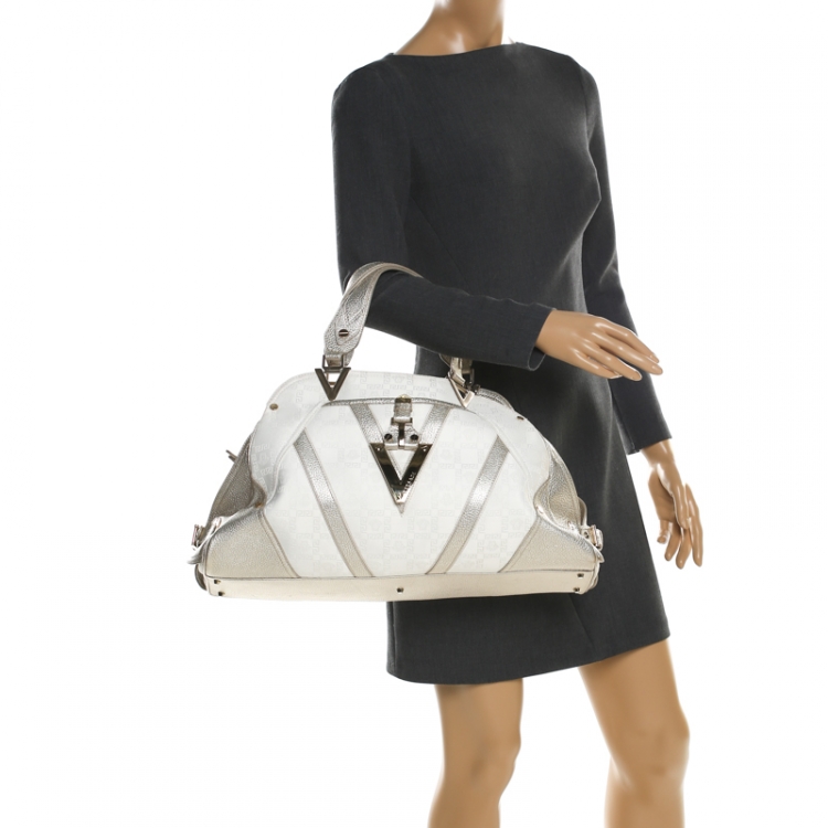 Pre Owned Versace White/Light Gold Canvas and Leather Satchel 