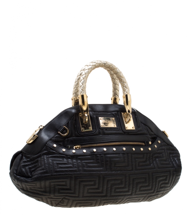Pre Owned Versace Black/Gold Quilted Leather Satchel