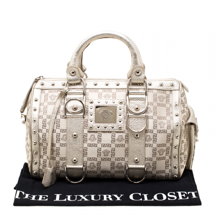 Pre Owned Versace Beige Metallic Signature Fabric and Leather Snap Out Of It Satchel