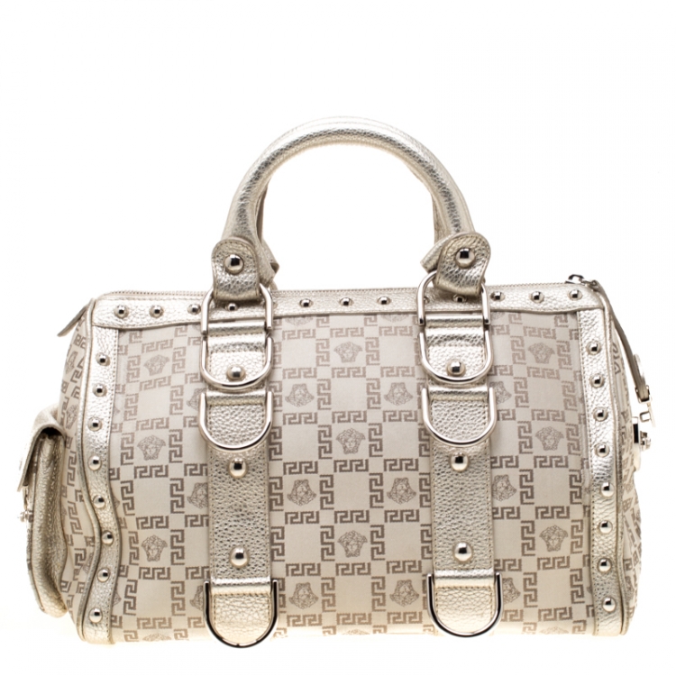 Pre Owned Versace Beige Metallic Signature Fabric and Leather Snap Out Of It Satchel