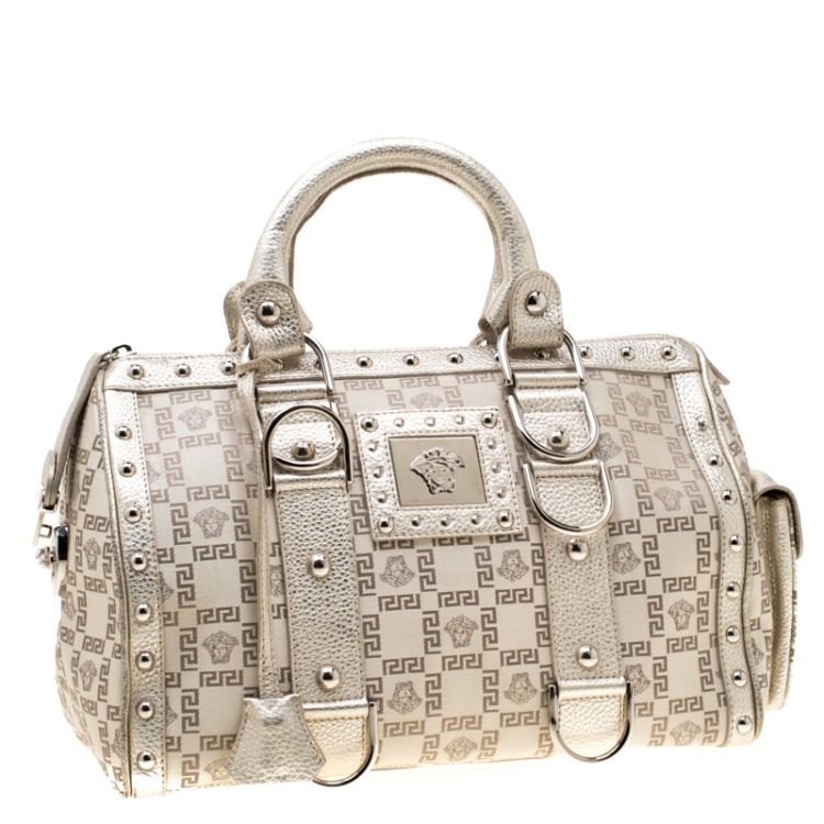 Pre Owned Versace Beige Metallic Signature Fabric and Leather Snap Out Of It Satchel