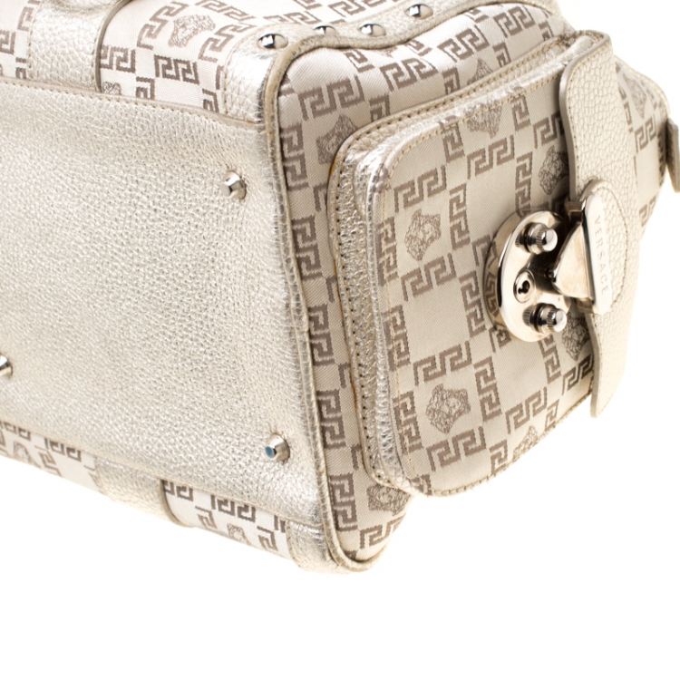 Pre Owned Versace Beige Metallic Signature Fabric and Leather Snap Out Of It Satchel