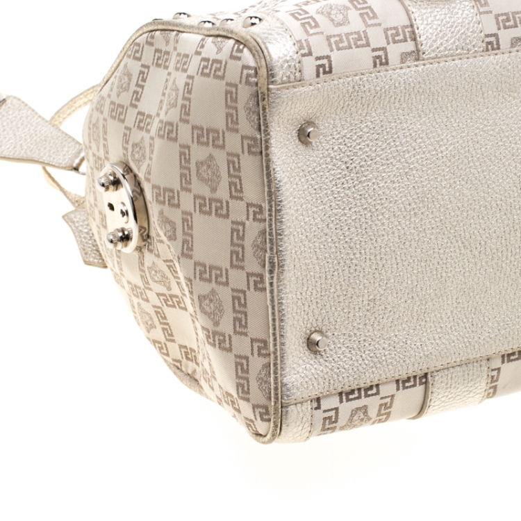 Pre Owned Versace Beige Metallic Signature Fabric and Leather Snap Out Of It Satchel