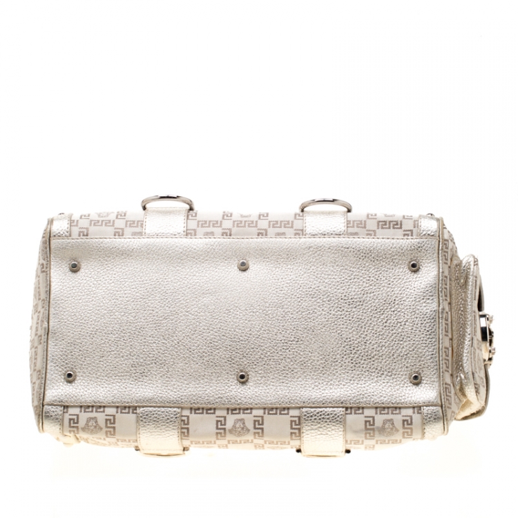 Pre Owned Versace Beige Metallic Signature Fabric and Leather Snap Out Of It Satchel
