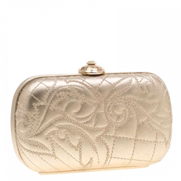 Pre Owned Versace Gold Leather Medussa Lock Clutch