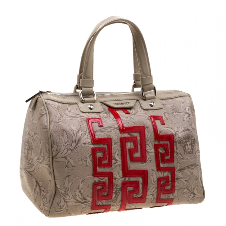 Pre Owned Versace Beige/Red Brocco Printed Leather Boston Bag