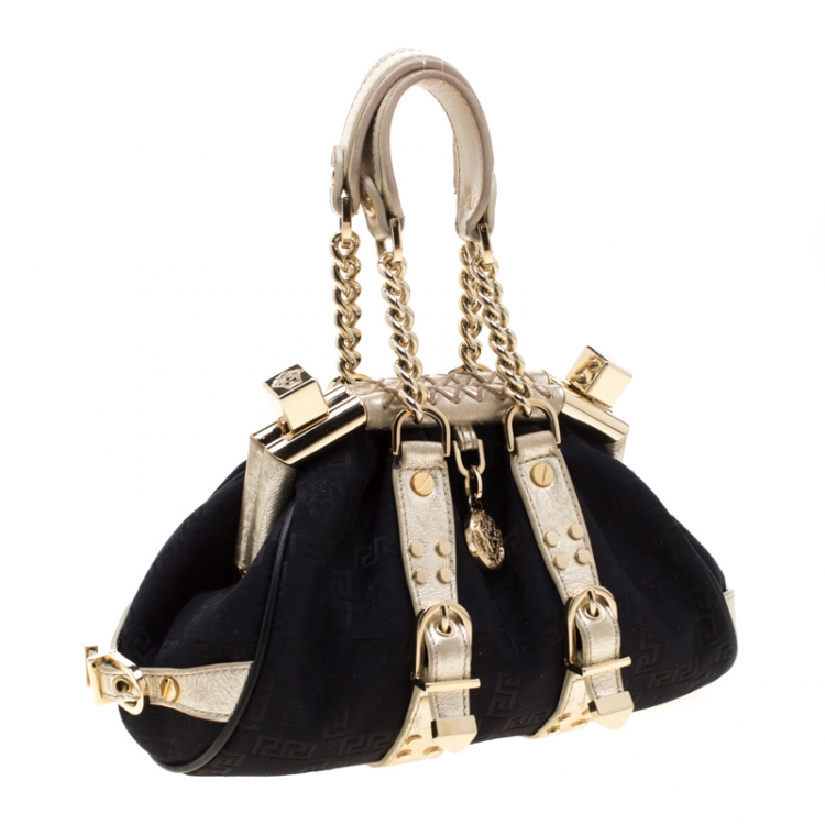 Pre Owned Versace Black Signature Fabric and Leather Madonna Boston Bag