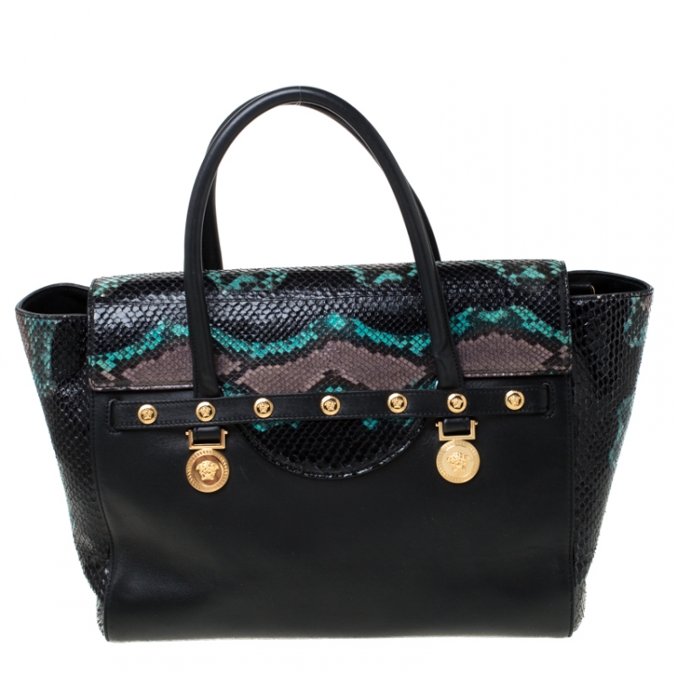 Pre Owned Versace Black Leather and Python Embossed Tote