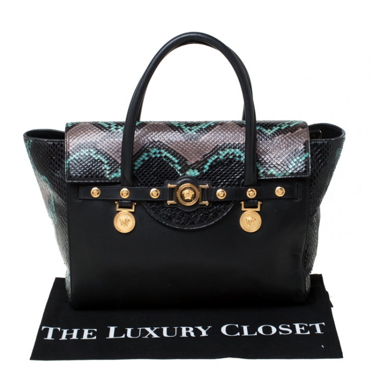 Pre Owned Versace Black Leather and Python Embossed Tote