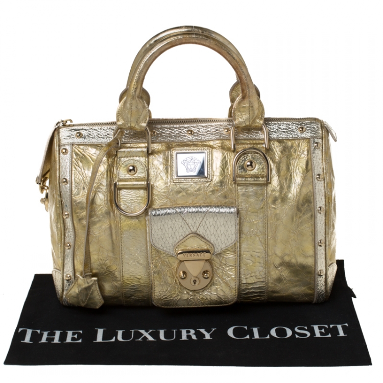 Pre Owned Versace Gold/Silver Ceramic Effect Leather Snap Out Of It Satchel
