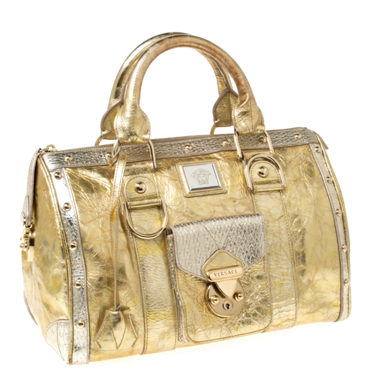 Pre Owned Versace Gold/Silver Ceramic Effect Leather Snap Out Of It Satchel