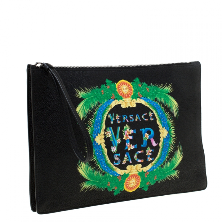 Pre Owned Versace Black Leather Miami Clutch     