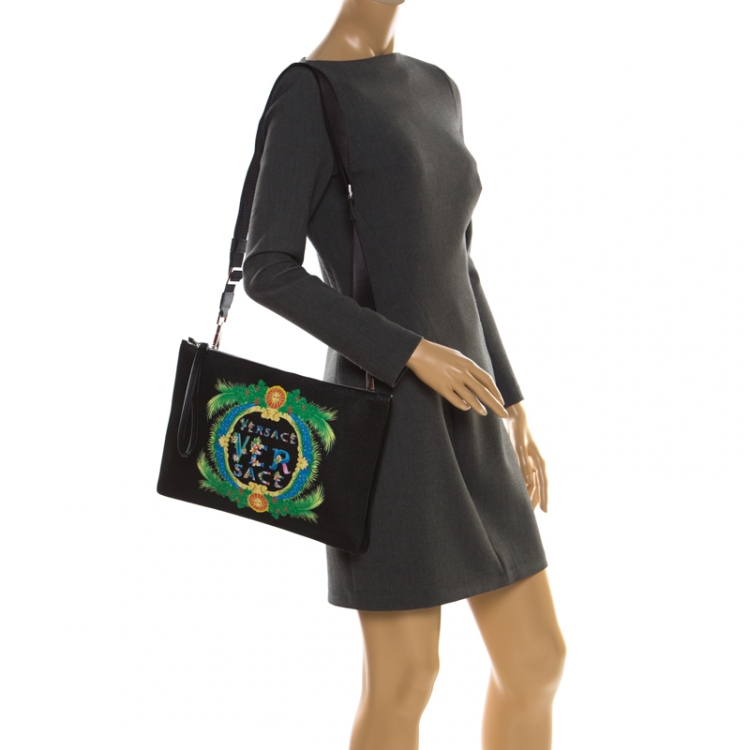 Pre Owned Versace Black Leather Miami Clutch     