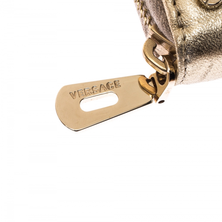 Pre Owned Versace Gold Metallic Quilted Leather Studded Zip Around Wallet