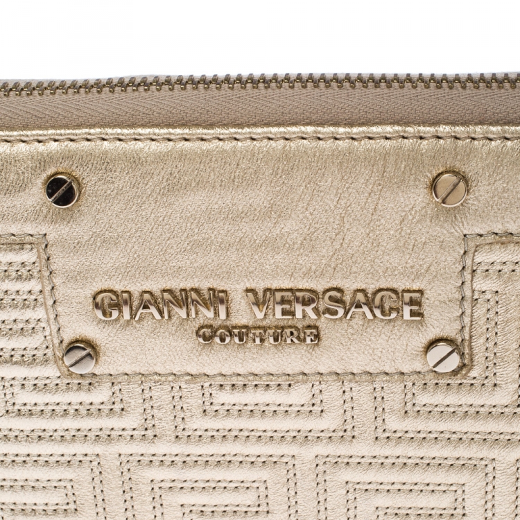 Pre Owned Versace Gold Metallic Quilted Leather Studded Zip Around Wallet