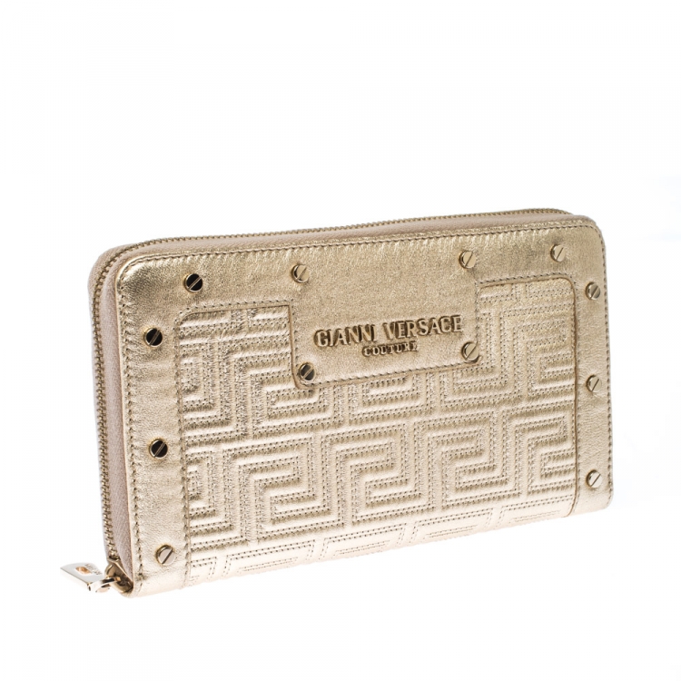 Pre Owned Versace Gold Metallic Quilted Leather Studded Zip Around Wallet