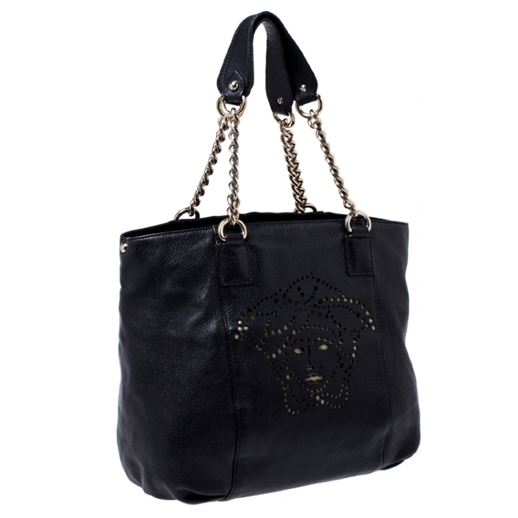 Pre Owned Versace Black Perforated Logo Leather Chain Hobo