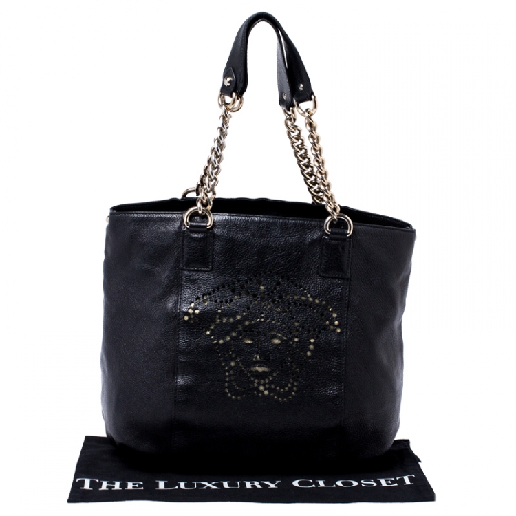 Pre Owned Versace Black Perforated Logo Leather Chain Hobo