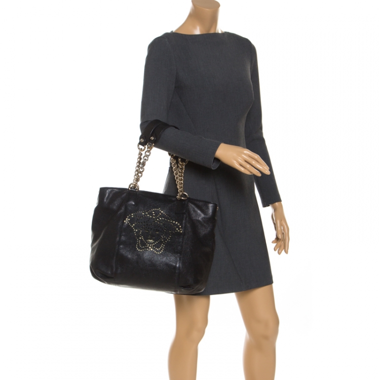 Pre Owned Versace Black Perforated Logo Leather Chain Hobo