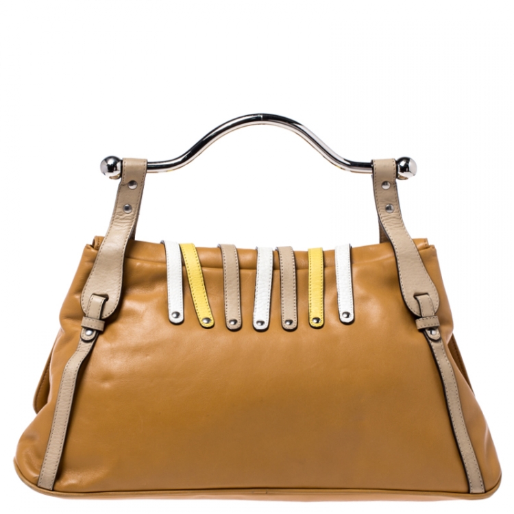 Pre Owned Versace Tan Leather Flap Strap Satchel