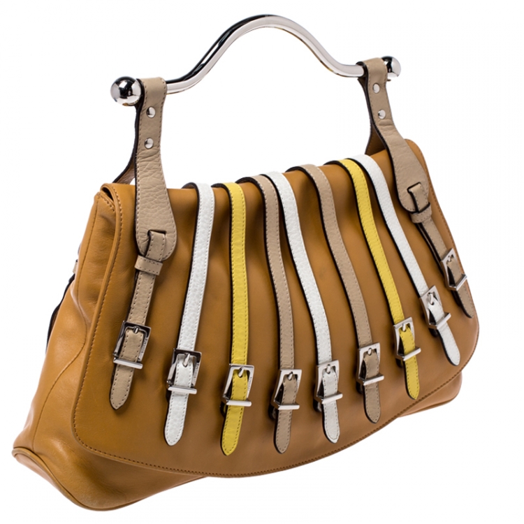 Pre Owned Versace Tan Leather Flap Strap Satchel