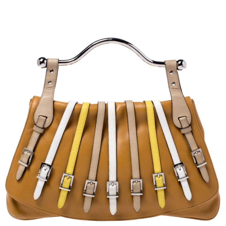 Pre Owned Versace Tan Leather Flap Strap Satchel