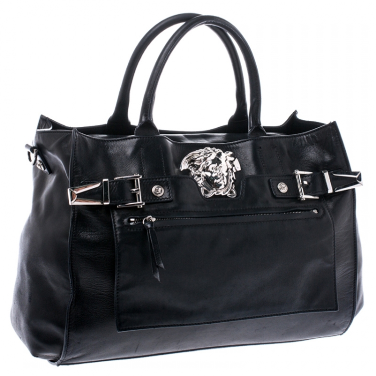 Pre Owned Versace Black Leather Medusa Tote