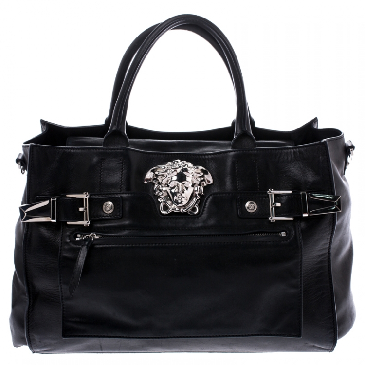 Pre Owned Versace Black Leather Medusa Tote