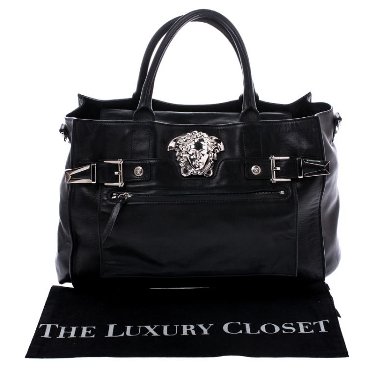 Pre Owned Versace Black Leather Medusa Tote