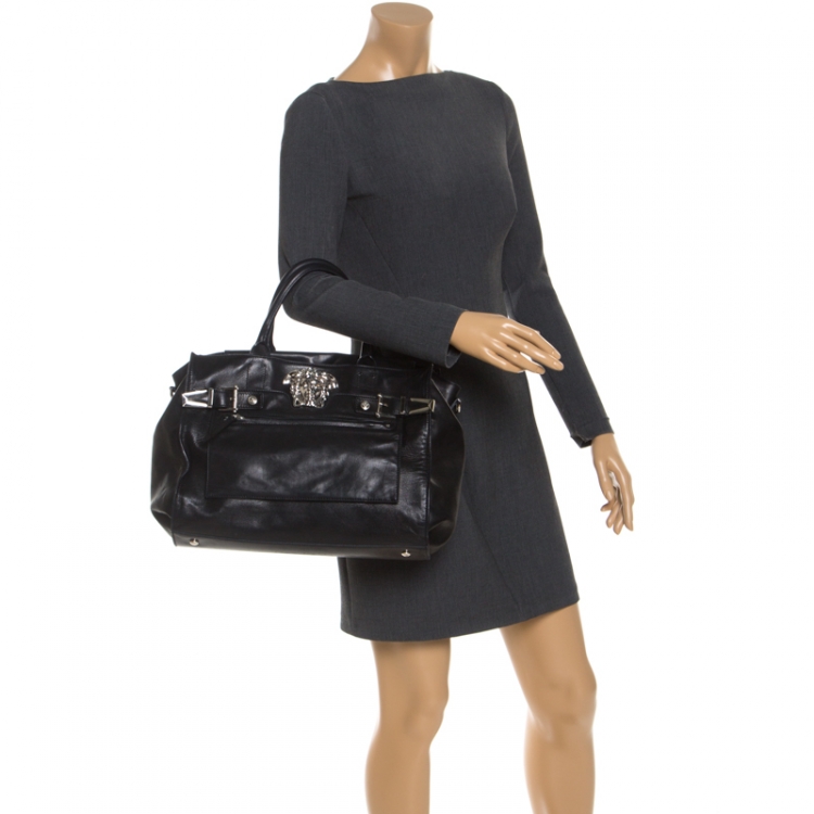 Pre Owned Versace Black Leather Medusa Tote