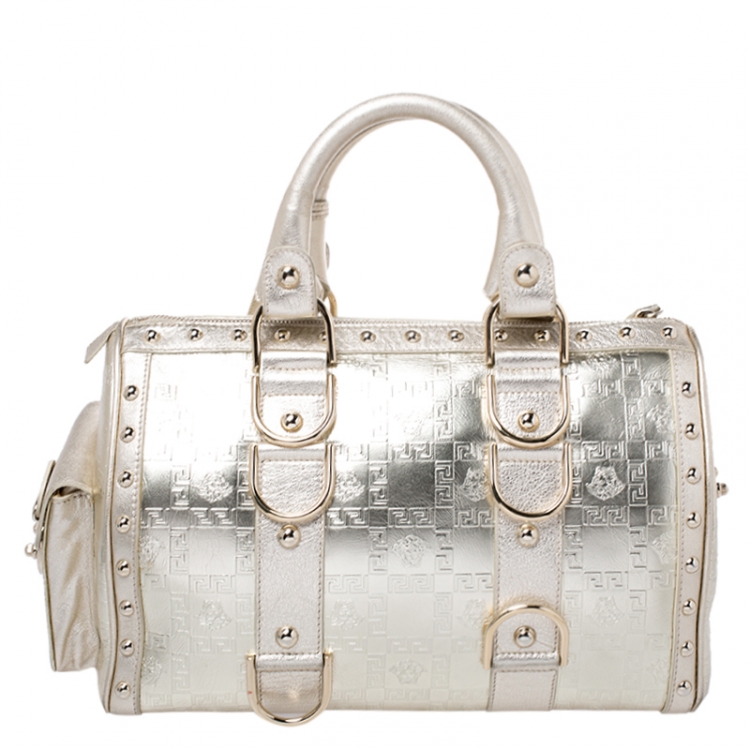 Pre Owned Versace Metallic Gold Leather Snap Out Of It Satchel