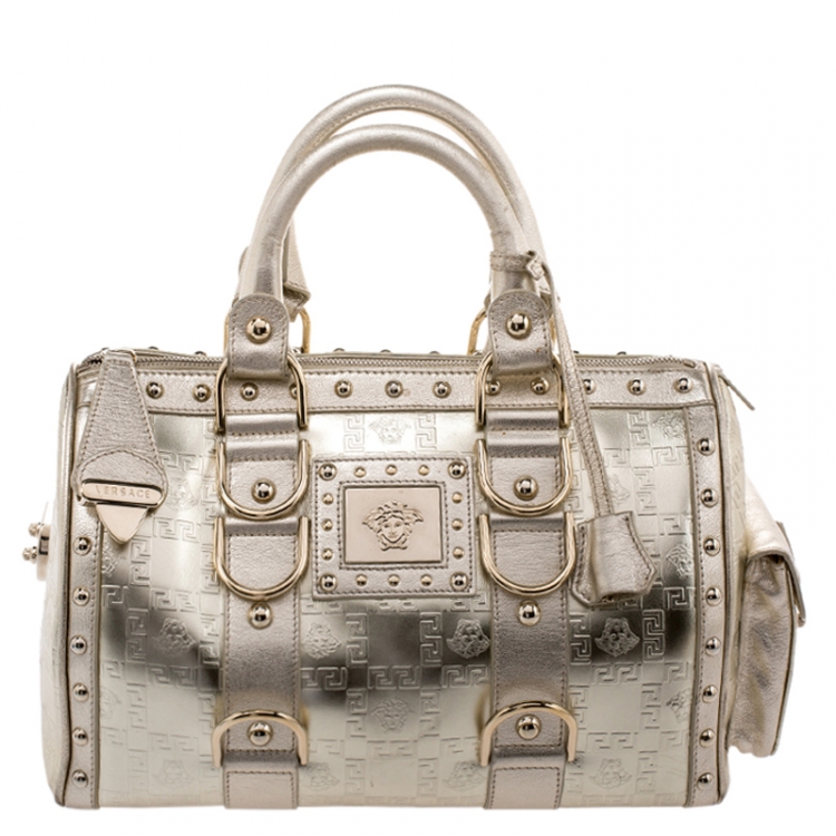 Pre Owned Versace Metallic Gold Leather Snap Out Of It Satchel