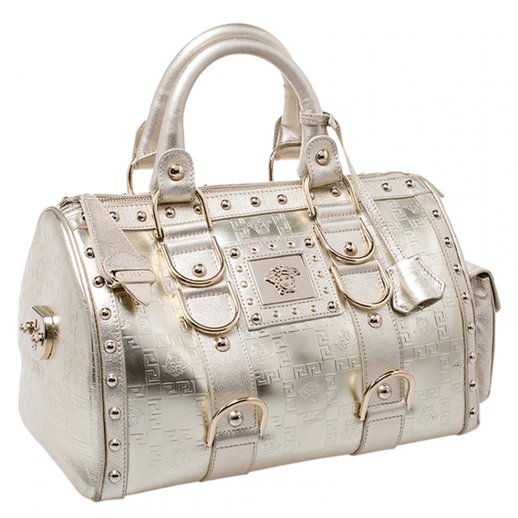 Pre Owned Versace Metallic Gold Leather Snap Out Of It Satchel