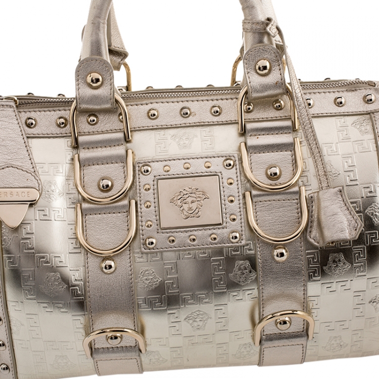 Pre Owned Versace Metallic Gold Leather Snap Out Of It Satchel