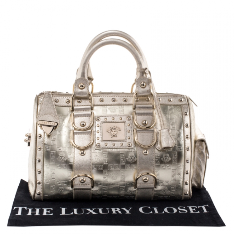 Pre Owned Versace Metallic Gold Leather Snap Out Of It Satchel
