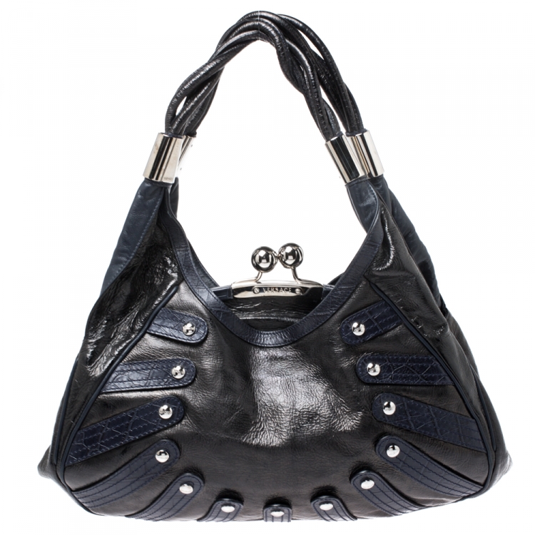 Pre Owned Versace Black/Navy Blue Leather Limited Edition Kiss Lock Satchel 