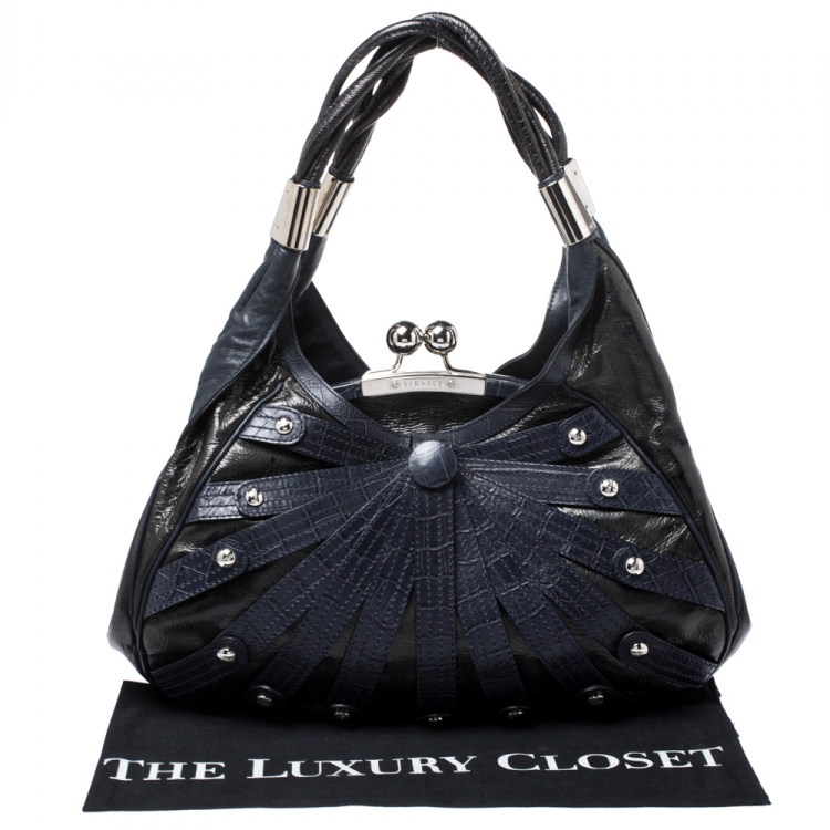 Pre Owned Versace Black/Navy Blue Leather Limited Edition Kiss Lock Satchel 