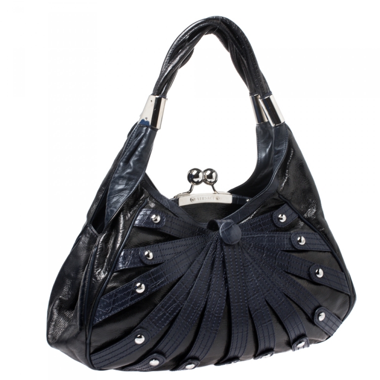 Pre Owned Versace Black/Navy Blue Leather Limited Edition Kiss Lock Satchel 