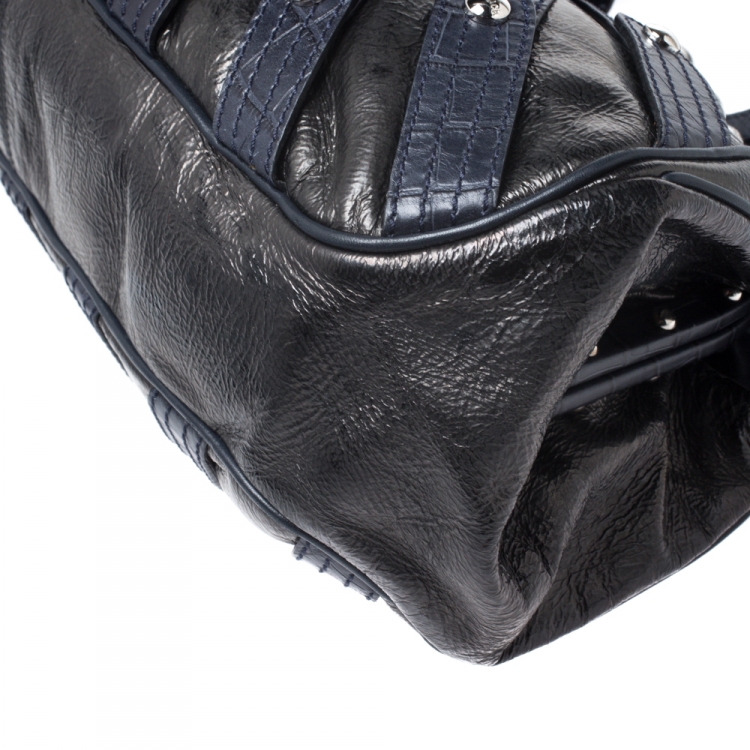 Pre Owned Versace Black/Navy Blue Leather Limited Edition Kiss Lock Satchel 